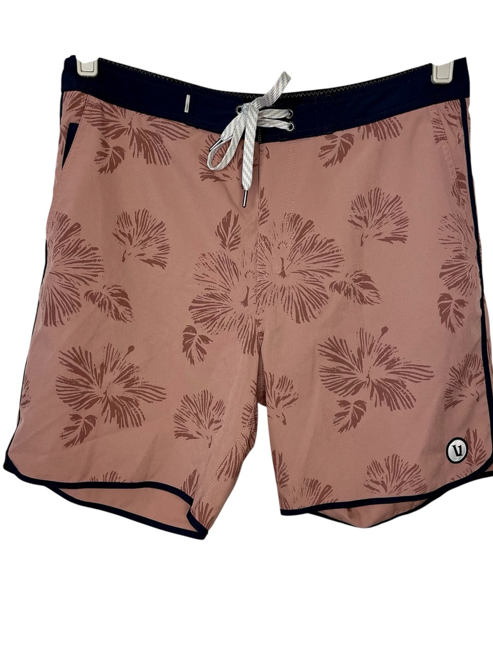 Vuori Board Shorts Floral Drawstring Tie Waist Blush Pink Blue Size Medium